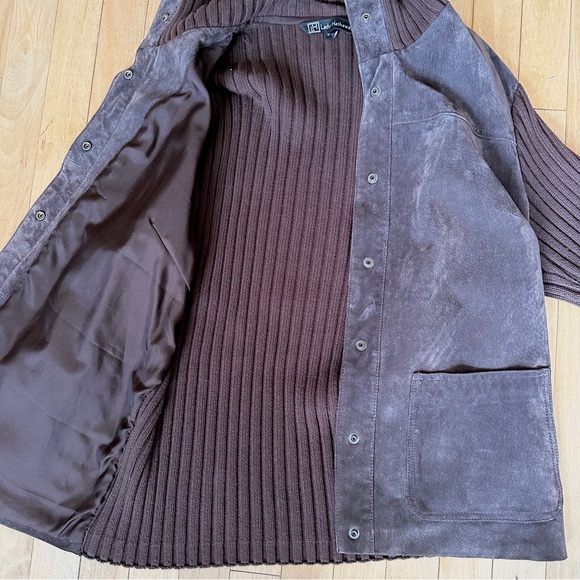 VINTAGE STYLE CHOCOLATE SUEDE LEATHER KNIT BLAZER JACKET OVERSIZED RELAXED M-XL - Picture 9 of 12